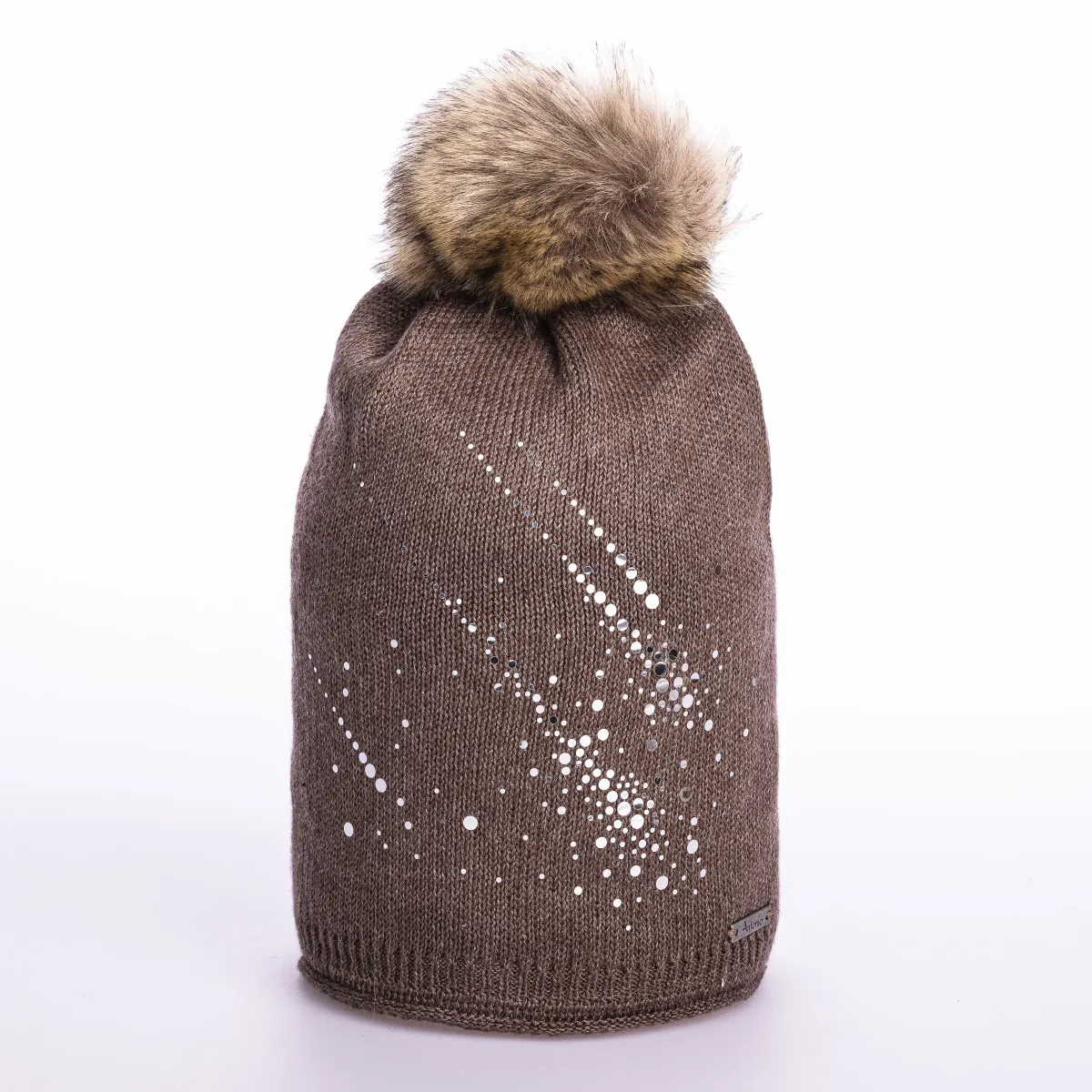 Zimowa czapka z pomponem i brokatem - brązowa - Rozmiar uni